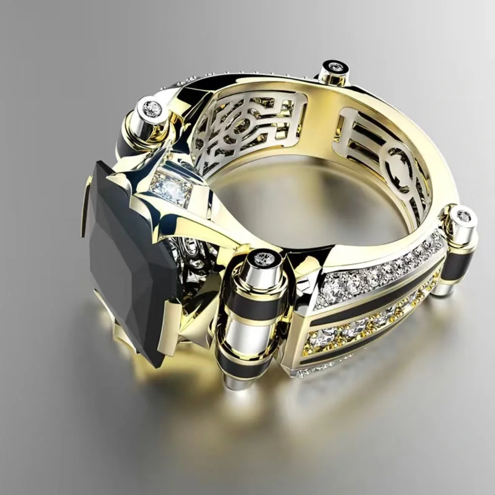Men’s fashionable faceted black stone gold metal gentleman band ring NWT 13